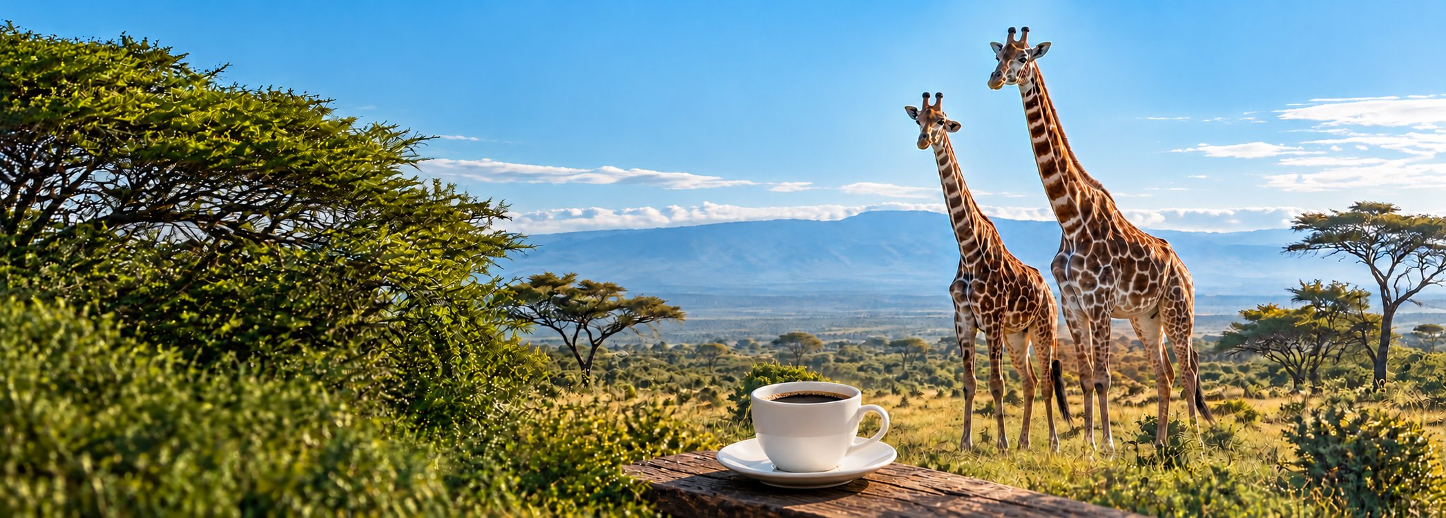 Divas žirafes un tasīte Tanzania Mbili Twiga kafijas
